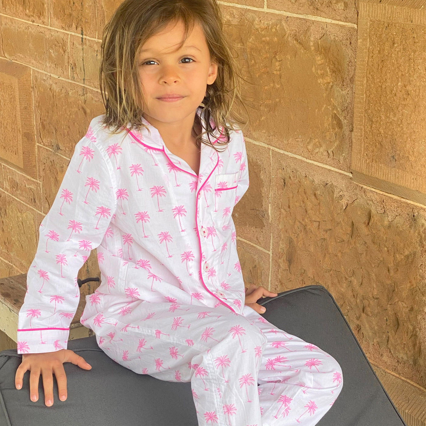 Kids Pink Palm Tree Long PJ Set