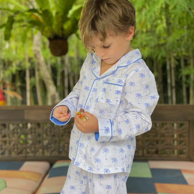 Kids Blue Palm Tree Long PJ Set