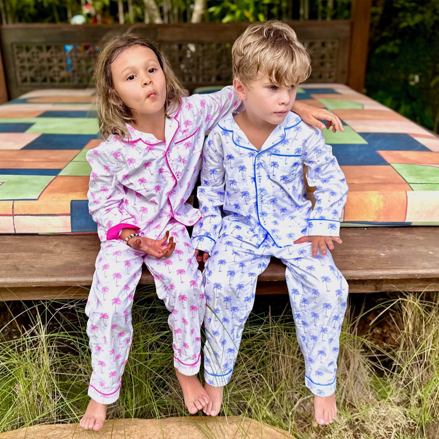 Kids Blue Palm Tree Long PJ Set