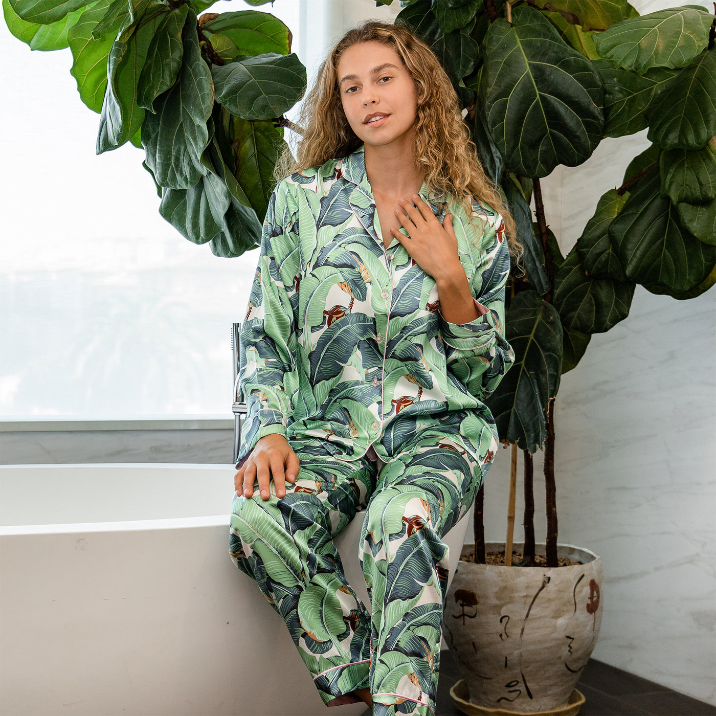 Women's Martinique® Green Banana Leaf Long PJ Set - SILK