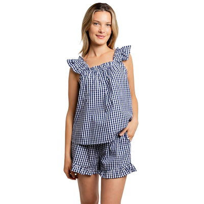 Women's Hepburn Gingham Navy Frill Tank PJ Set
