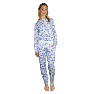 Women's Skydog Toile Blue Jersey Long PJ Set