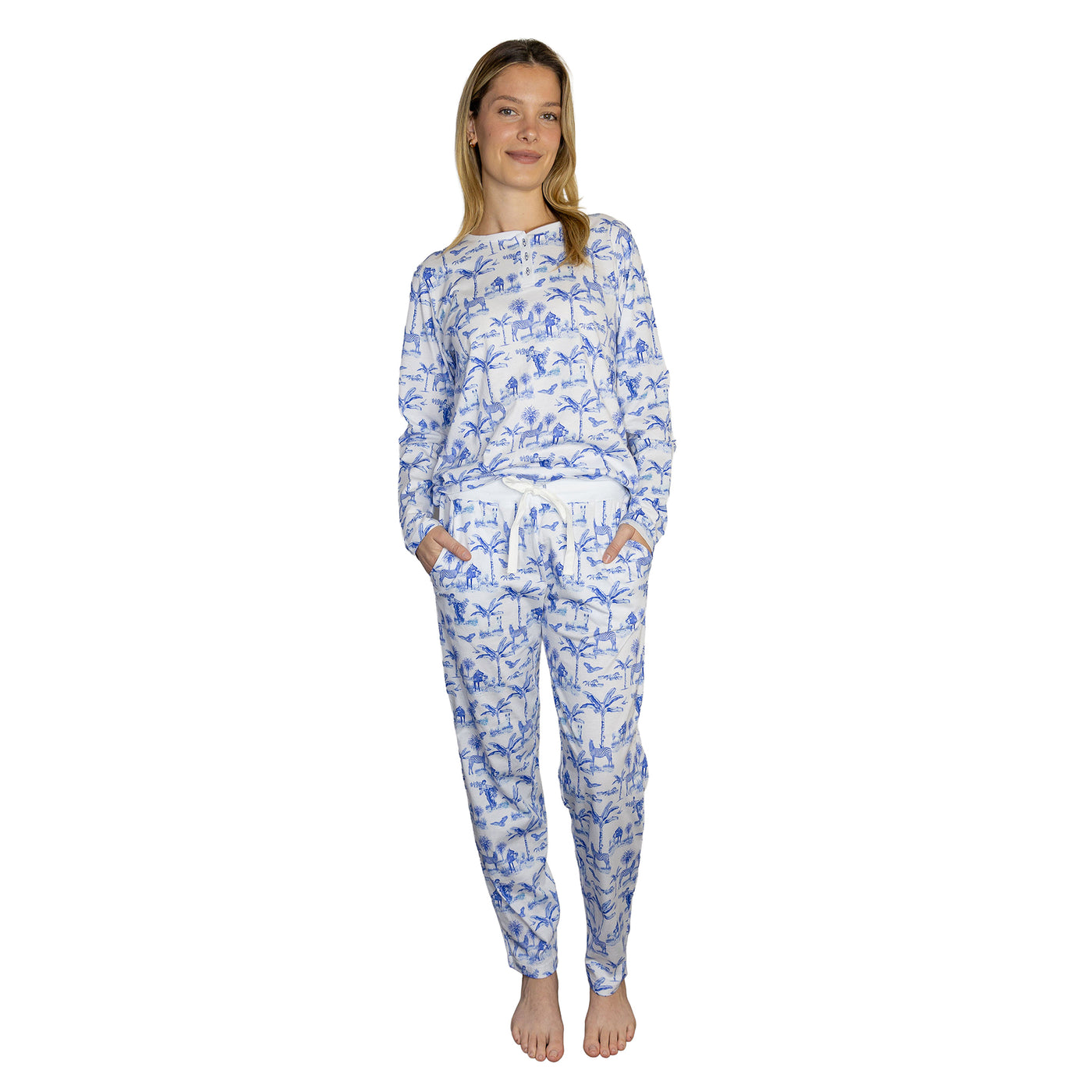 Women's Skydog Toile Blue Jersey Long PJ Set