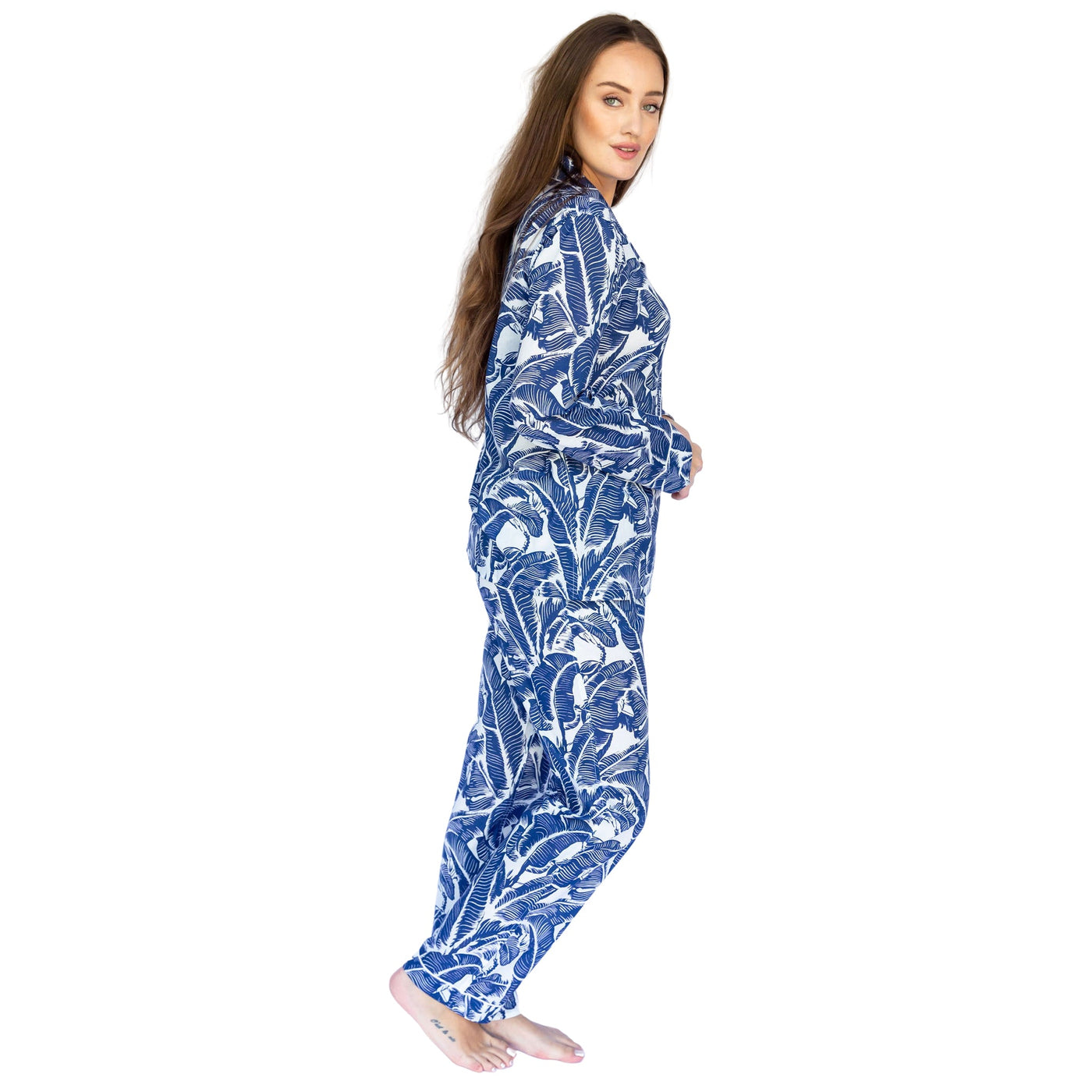 Women's Blue Martinique Banana Leaf Long PJ Set