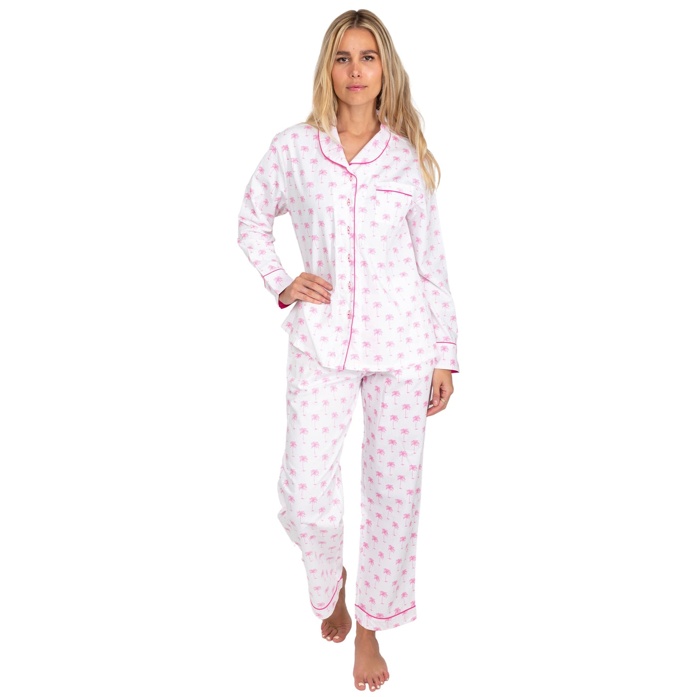 Women's Pink Palm Tree Long PJ Set