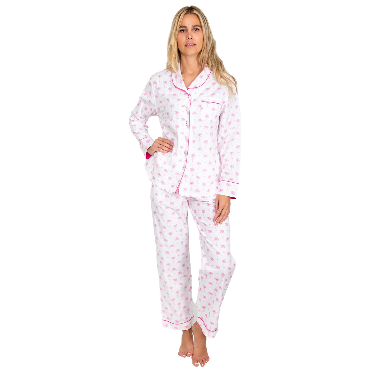 Women's Pink Palm Tree Long PJ Set